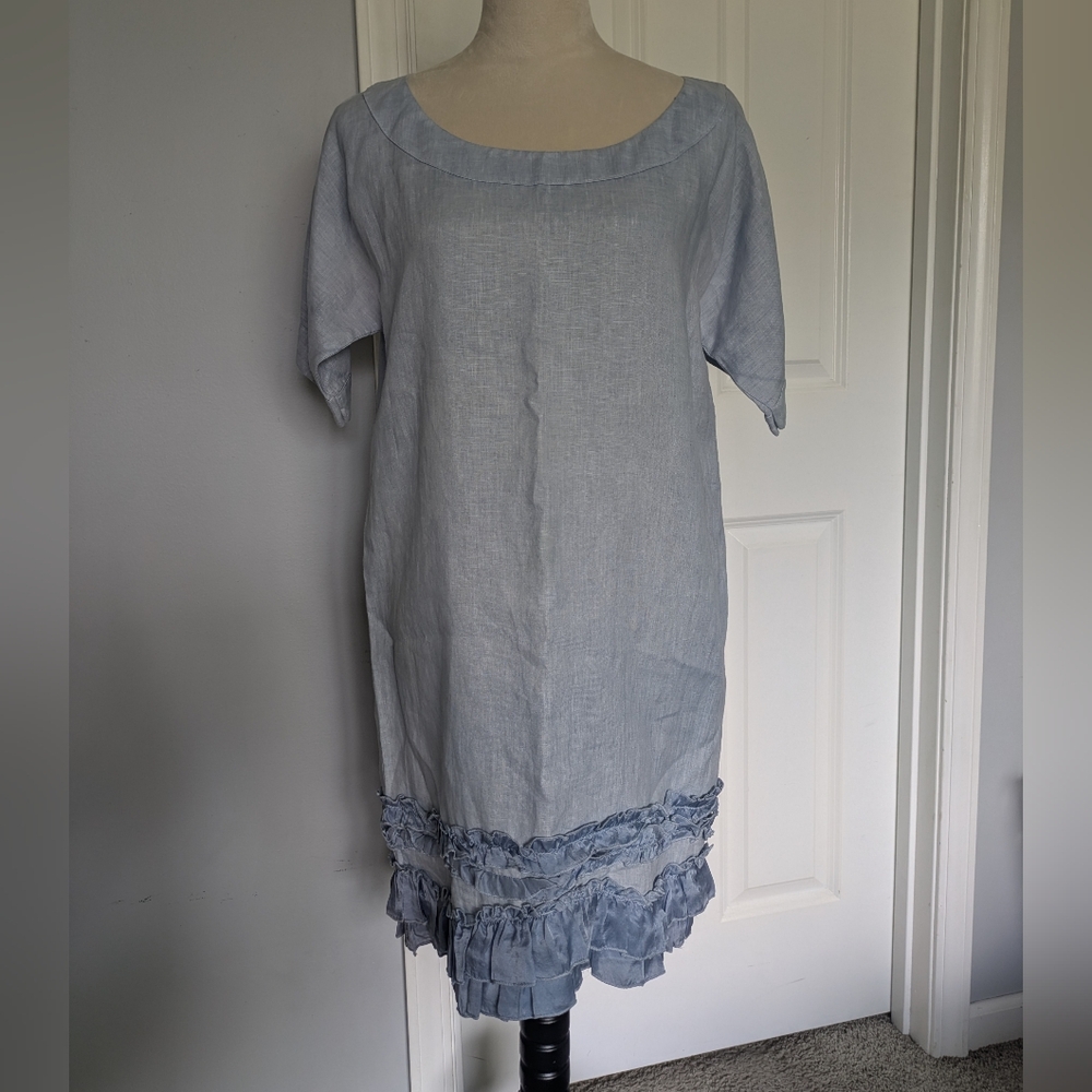 120% Lino Light Blue Linen Midi Dress with Ruffle Hem